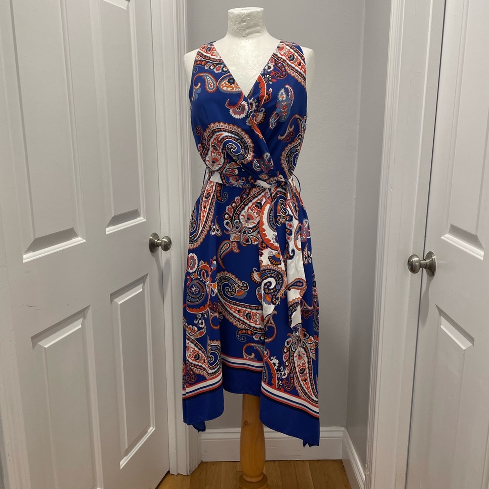 Blue and orange paisley print handkerchief hemline with wrap belt.